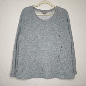 J.Jill Gray Floral Cut Out Lined Crewneck Long Sleeves Sweatshirt